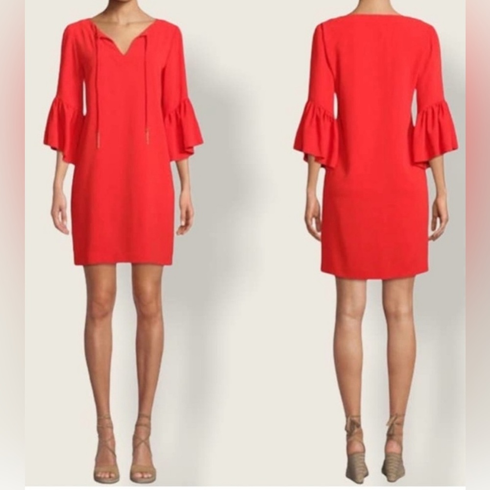 Trina Turk red shift dress with bell sleeve and gold tassel ties